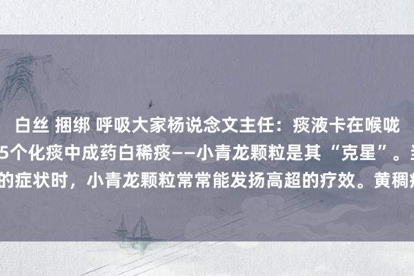 白丝 捆绑 呼吸大家杨说念文主任：痰液卡在喉咙里，咳不出又咽不下，5个化痰中成药白稀痰——小青龙颗粒是其 “克星”。当出现白稀痰的症状时，小青龙颗粒常常能发扬高超的疗效。黄稠痰——复方鲜竹沥液最为有用。黄稠痰...